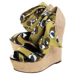 Pre Owned Gucci Multicolor Silk And Jute Scarf Ankle Wrap Wedge Size 36.5