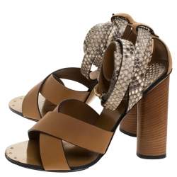 Pre Owned صندل غوتشي سير كاحل متعاكس كاندي جلد ثعبان وجلد بني مقاس 38.5