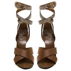 Pre Owned صندل غوتشي سير كاحل متعاكس كاندي جلد ثعبان وجلد بني مقاس 38.5