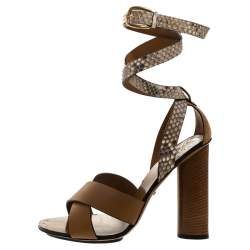 Pre Owned صندل غوتشي سير كاحل متعاكس كاندي جلد ثعبان وجلد بني مقاس 38.5