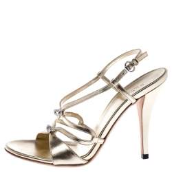 Pre Owned Gucci Metallic Gold Leather Embellished Ankle Strap Sandals Size 37
