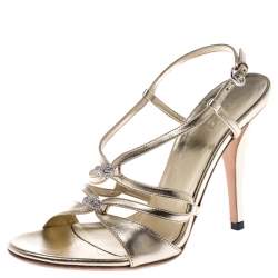 Pre Owned Gucci Metallic Gold Leather Embellished Ankle Strap Sandals Size 37