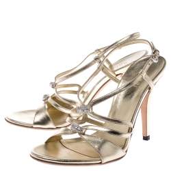 Pre Owned Gucci Metallic Gold Leather Embellished Ankle Strap Sandals Size 37