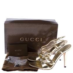 Pre Owned Gucci Metallic Gold Leather Embellished Ankle Strap Sandals Size 37