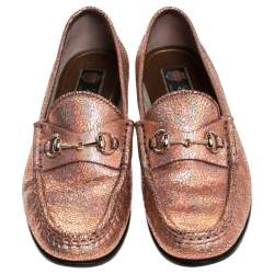 Pre Owned Gucci Metallic Bronze Textured Leather Horsebit Slip On Loafers Size 36.5