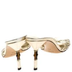 مملوكة مسبقًا صندل غوتشي كعب بامبو جلد مضفر ميتالك ذهبي مقاس 41