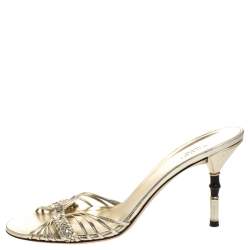 مملوكة مسبقًا صندل غوتشي كعب بامبو جلد مضفر ميتالك ذهبي مقاس 41