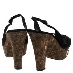 Pre Owned Gucci Black Suede Grease Peep Toe Cork Platform Slingback Sandals Size 38