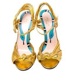 Gucci Metallic Gold Leather Strappy Allie Knot Sandals Size 37.5