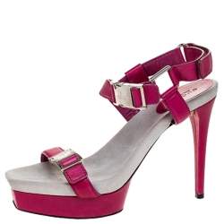 Gucci Pink Leather Side Release Buckle Detail Open Toe Platform Ankle Strap Sandals Size 39.5