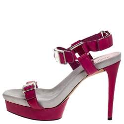 Gucci Pink Leather Side Release Buckle Detail Open Toe Platform Ankle Strap Sandals Size 39.5