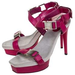 Gucci Pink Leather Side Release Buckle Detail Open Toe Platform Ankle Strap Sandals Size 39.5