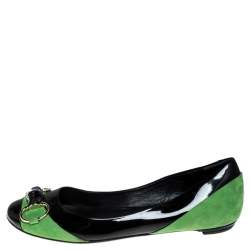 Pre Owned Gucci Black/Green Patent Leather And Suede Bamboo Horsebit Ballet Flats Size 36