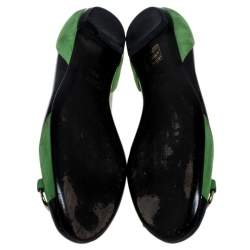 Pre Owned Gucci Black/Green Patent Leather And Suede Bamboo Horsebit Ballet Flats Size 36