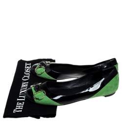 Pre Owned Gucci Black/Green Patent Leather And Suede Bamboo Horsebit Ballet Flats Size 36