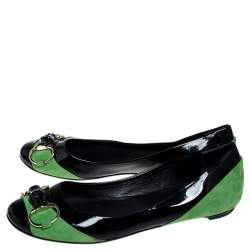 Pre Owned Gucci Black/Green Patent Leather And Suede Bamboo Horsebit Ballet Flats Size 36