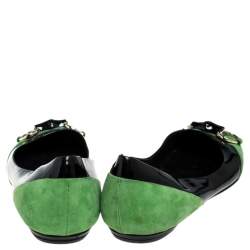 Pre Owned Gucci Black/Green Patent Leather And Suede Bamboo Horsebit Ballet Flats Size 36