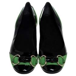 Pre Owned Gucci Black/Green Patent Leather And Suede Bamboo Horsebit Ballet Flats Size 36
