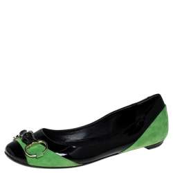 Pre Owned Gucci Black/Green Patent Leather And Suede Bamboo Horsebit Ballet Flats Size 36
