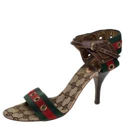 Pre Owned صندل غوتشي سير كاحل مزخرف حلقات جلد بني ويب أحمر / أخضر مقاس 37.5