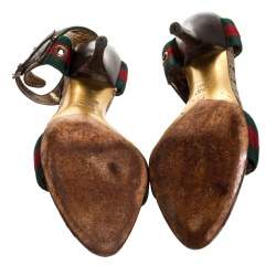 Pre Owned صندل غوتشي سير كاحل مزخرف حلقات جلد بني ويب أحمر / أخضر مقاس 37.5