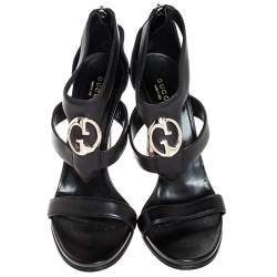 Pre Owned Gucci Black Leather GG Logo Open Toe Sandals Size 39
