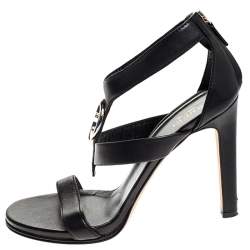 Pre Owned Gucci Black Leather GG Logo Open Toe Sandals Size 39