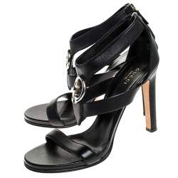 Pre Owned Gucci Black Leather GG Logo Open Toe Sandals Size 39