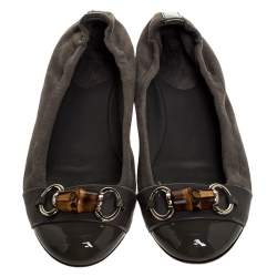 Gucci Grey Suede, Patent And Leather Bamboo Horsebit Ballet Flats Size 36.5