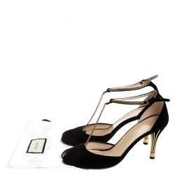 Pre Owned Gucci Black Suede Ophelie Chain Detail Ankle Strap Sandals Size 40