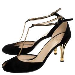 Pre Owned Gucci Black Suede Ophelie Chain Detail Ankle Strap Sandals Size 40