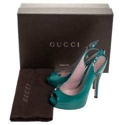 Pre Owned Gucci Teal Patent Leather Sofia Platform Peep Toe Slingback Sandals Size 36