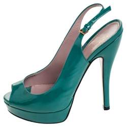 Pre Owned Gucci Teal Patent Leather Sofia Platform Peep Toe Slingback Sandals Size 36
