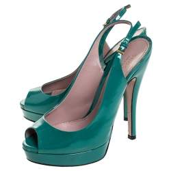 Pre Owned Gucci Teal Patent Leather Sofia Platform Peep Toe Slingback Sandals Size 36
