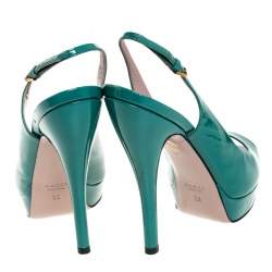 Pre Owned Gucci Teal Patent Leather Sofia Platform Peep Toe Slingback Sandals Size 36