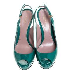 Pre Owned Gucci Teal Patent Leather Sofia Platform Peep Toe Slingback Sandals Size 36
