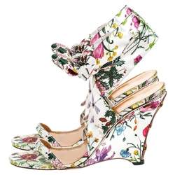 مملوكة مسبقًا Gucci Floral Printed Satin Ankle Strap Wedge Sandals Size 40