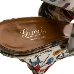 مملوكة مسبقًا Gucci Floral Printed Satin Ankle Strap Wedge Sandals Size 40