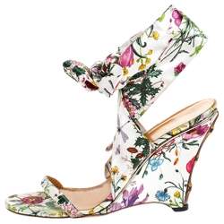 مملوكة مسبقًا Gucci Floral Printed Satin Ankle Strap Wedge Sandals Size 40