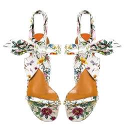 مملوكة مسبقًا Gucci Floral Printed Satin Ankle Strap Wedge Sandals Size 40