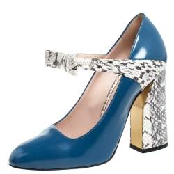 Pre Owned Gucci Multicolor Leather And Python Bow Block Heel Round Toe Pumps Size 38