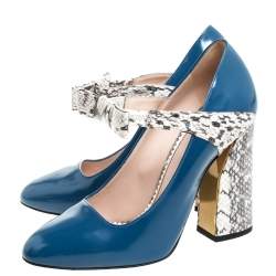 Pre Owned Gucci Multicolor Leather And Python Bow Block Heel Round Toe Pumps Size 38