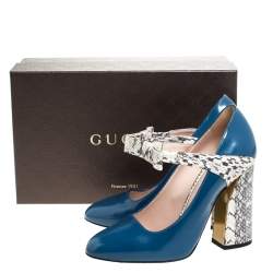 Pre Owned Gucci Multicolor Leather And Python Bow Block Heel Round Toe Pumps Size 38