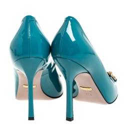Pre Owned Gucci Teal Patent Leather Jolene Horsebit Peep Toe Pumps Size 37.5