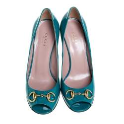 Pre Owned Gucci Teal Patent Leather Jolene Horsebit Peep Toe Pumps Size 37.5