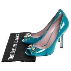 Pre Owned Gucci Teal Patent Leather Jolene Horsebit Peep Toe Pumps Size 37.5