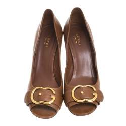 Pre Owned Gucci Brown Textured Leather GG Buckle Peep Toe Pumps Size 38