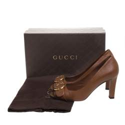 Pre Owned Gucci Brown Textured Leather GG Buckle Peep Toe Pumps Size 38