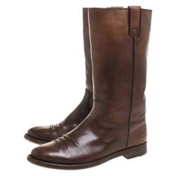 Pre Owned Gucci Brown Leather Mid Calf Round Toe Boots Size 41