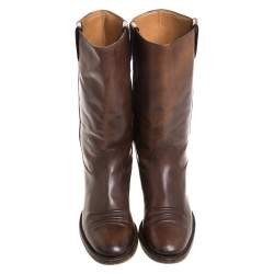 Pre Owned Gucci Brown Leather Mid Calf Round Toe Boots Size 41